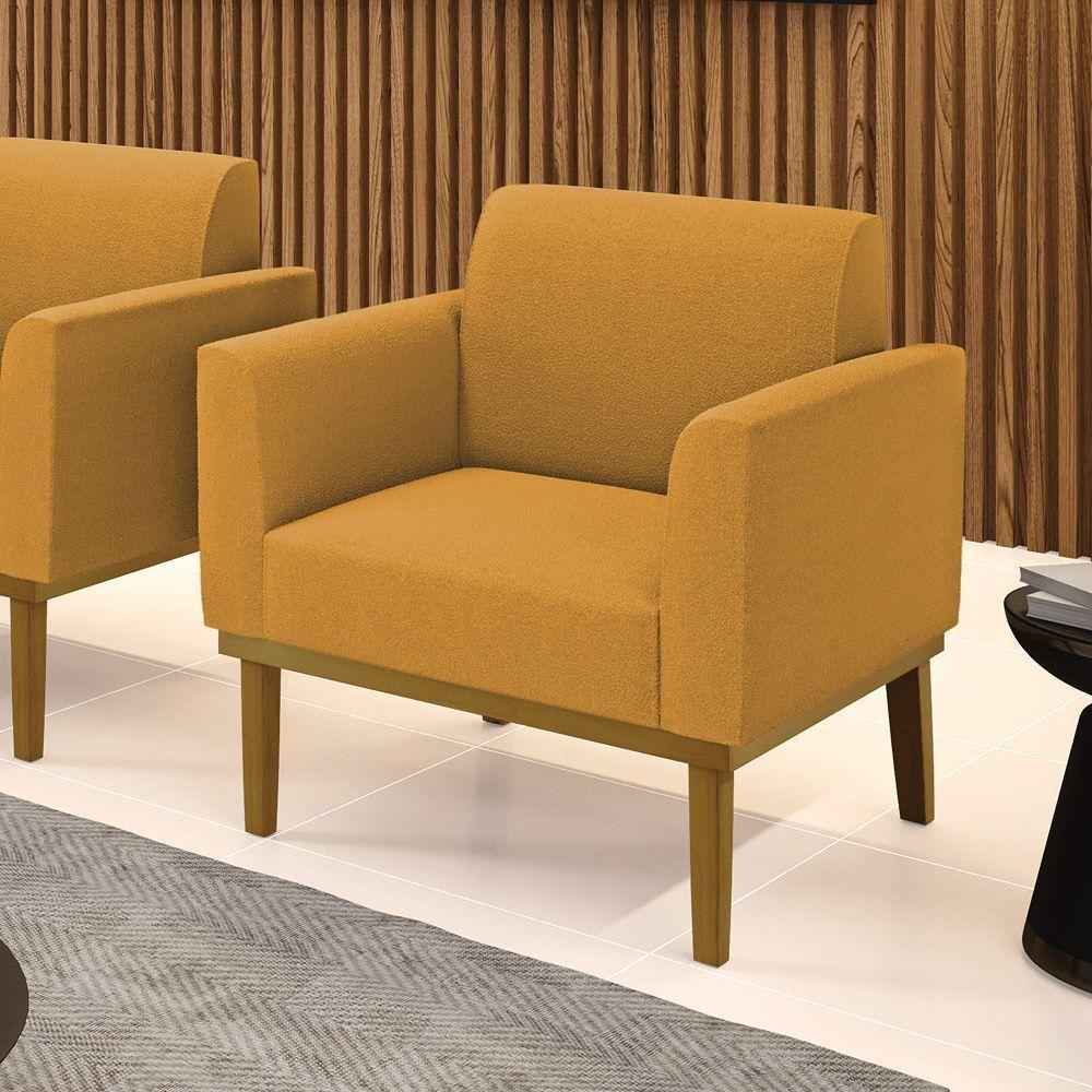 Poltrona Para Sala Base Madeira Castanho Marisa Bouclê Mostarda D03 - D'rossi - 2