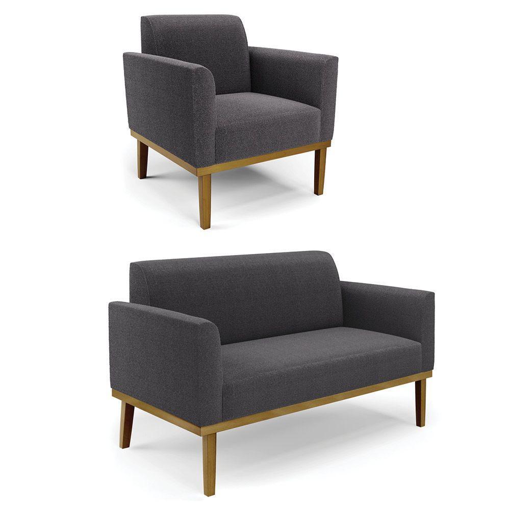 Namoradeira E Poltrona Base Madeira Castanho Marisa Bouclê Grafite D03 - D'rossi - 1