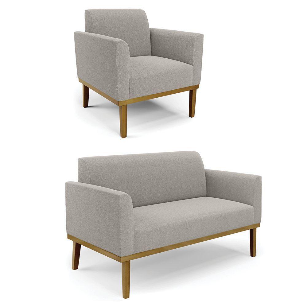 Namoradeira E Poltrona Base Madeira Castanho Marisa Bouclê Cinza D03 - D'rossi - 1