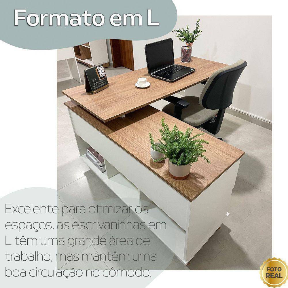 Mesa Escrivaninha 2 Gavetas Com Nichos Em L Golden Olmo/branco - 10