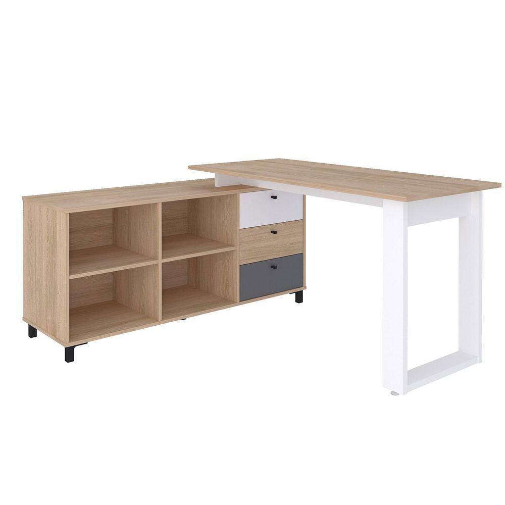 Mesa Escrivaninha Em L Com 3 Gavetas E Nichos Nexos Carvalho/branco/grafito - 1