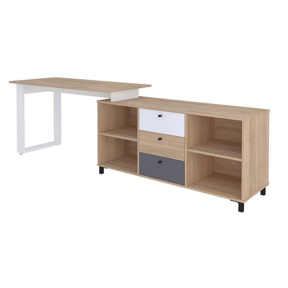 Mesa Escrivaninha Em L Com 3 Gavetas E Nichos Nexos Carvalho/branco/grafito - 6