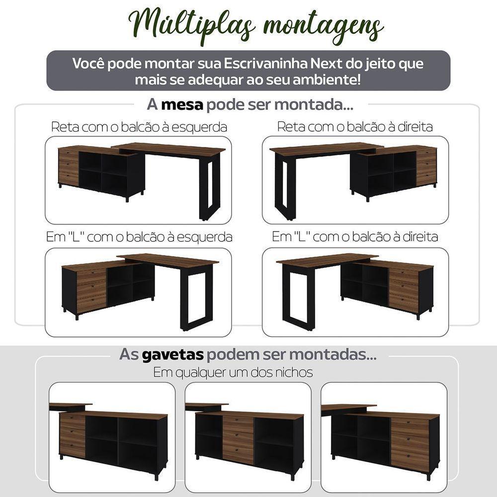 Mesa Escrivaninha Em L Com 3 Gavetas E Nichos Nexos Ipê/preto - 4