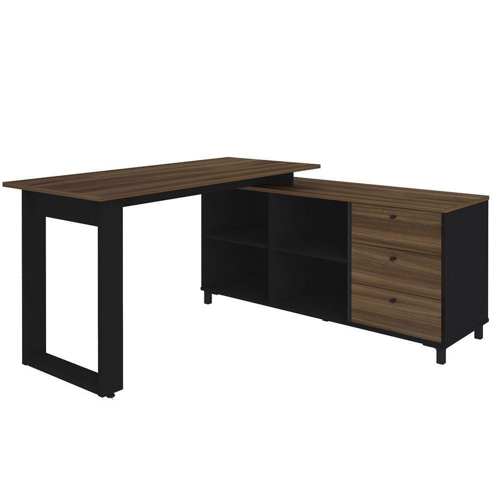 Mesa Escrivaninha Em L Com 3 Gavetas E Nichos Nexos Ipê/preto - 5