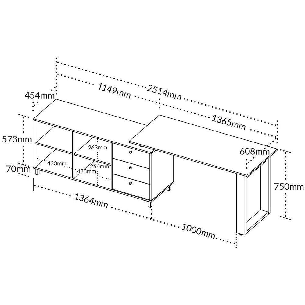 Mesa Escrivaninha Em L Com 3 Gavetas E Nichos Nexos Ipê/preto - 6
