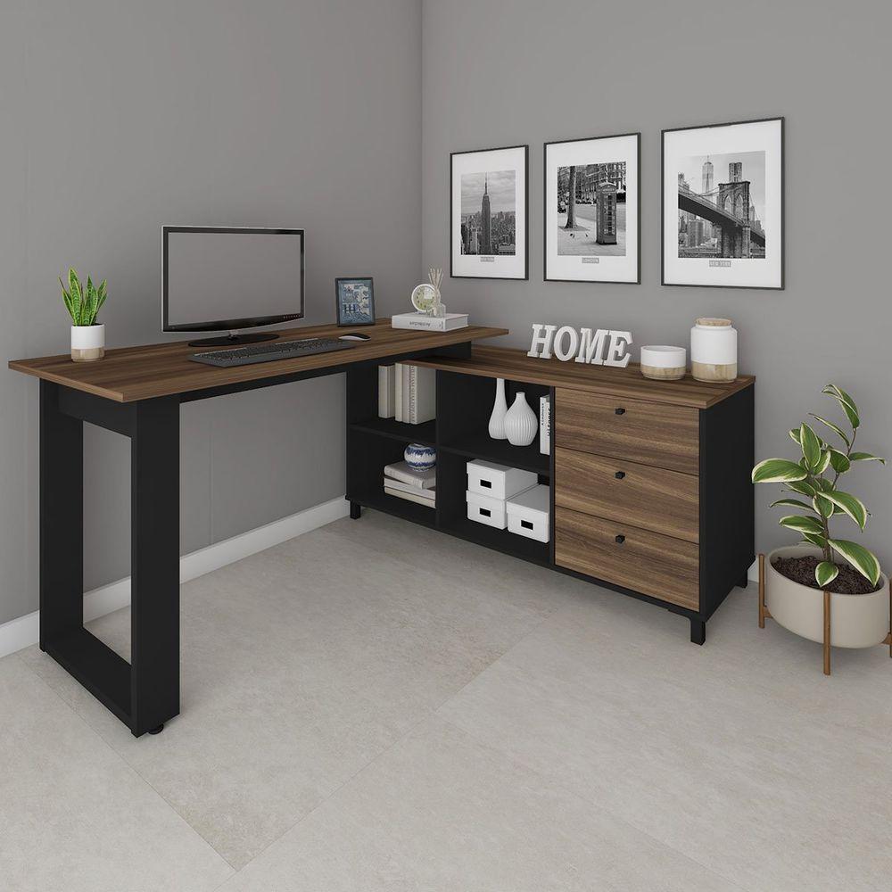 Mesa Escrivaninha Em L Com 3 Gavetas E Nichos Nexos Ipê/preto - 7
