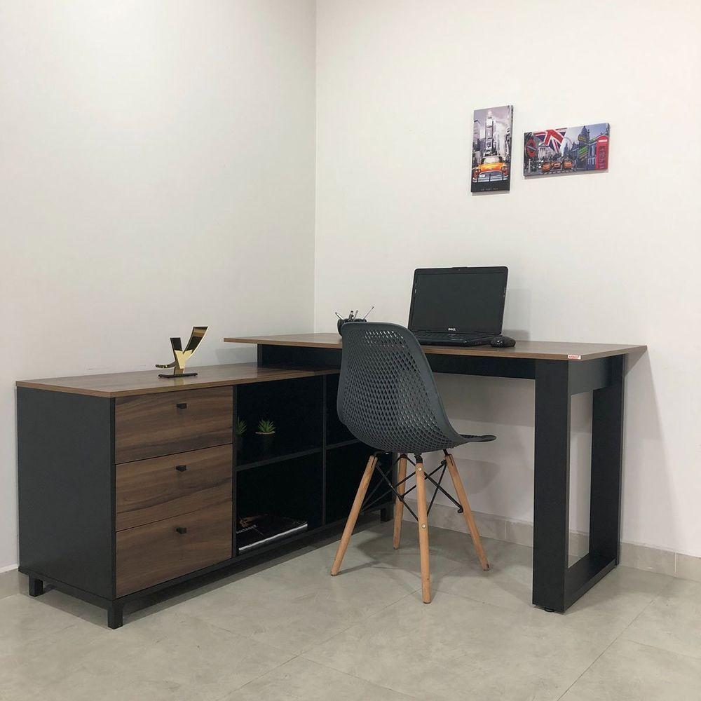 Mesa Escrivaninha Em L Com 3 Gavetas E Nichos Nexos Ipê/preto - 9