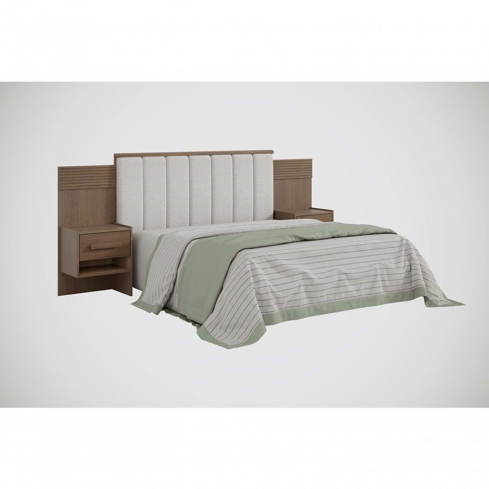 Cabeceira Para Cama Queen Size Ripada Irís Estofada Com 2 Mesas De Cabeceira D' Doro Castanho/ripado - 1