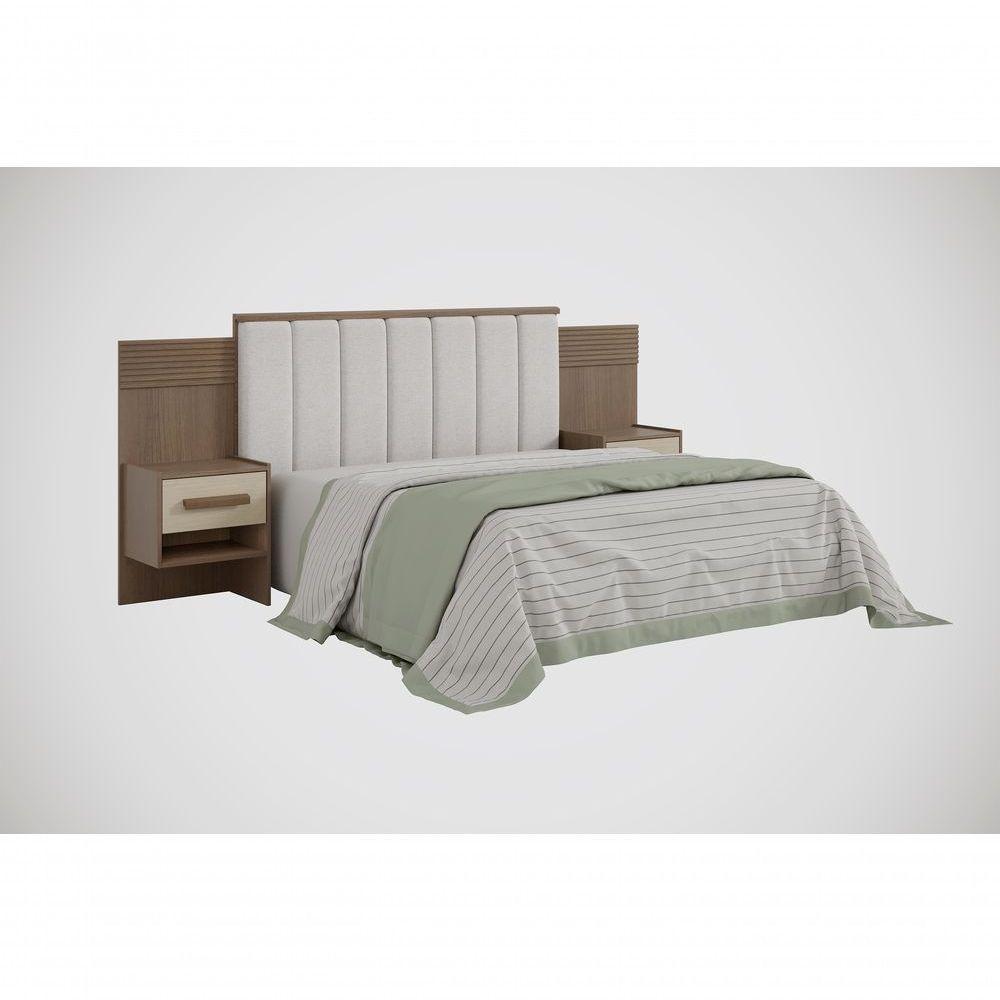 Cabeceira Para Cama De Casal Ripada Irís Estofada Com 2 Mesas De Cabeceira D' Doro Castanho/linho/ripado - 1
