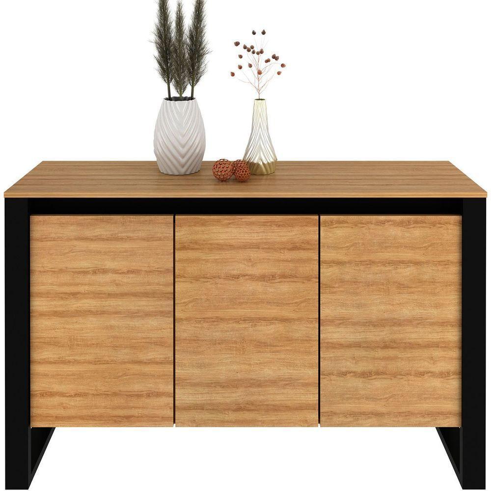 Balcão Armário Para Escritório 3 Portas Em Mdp Amêndoa/preto - 6