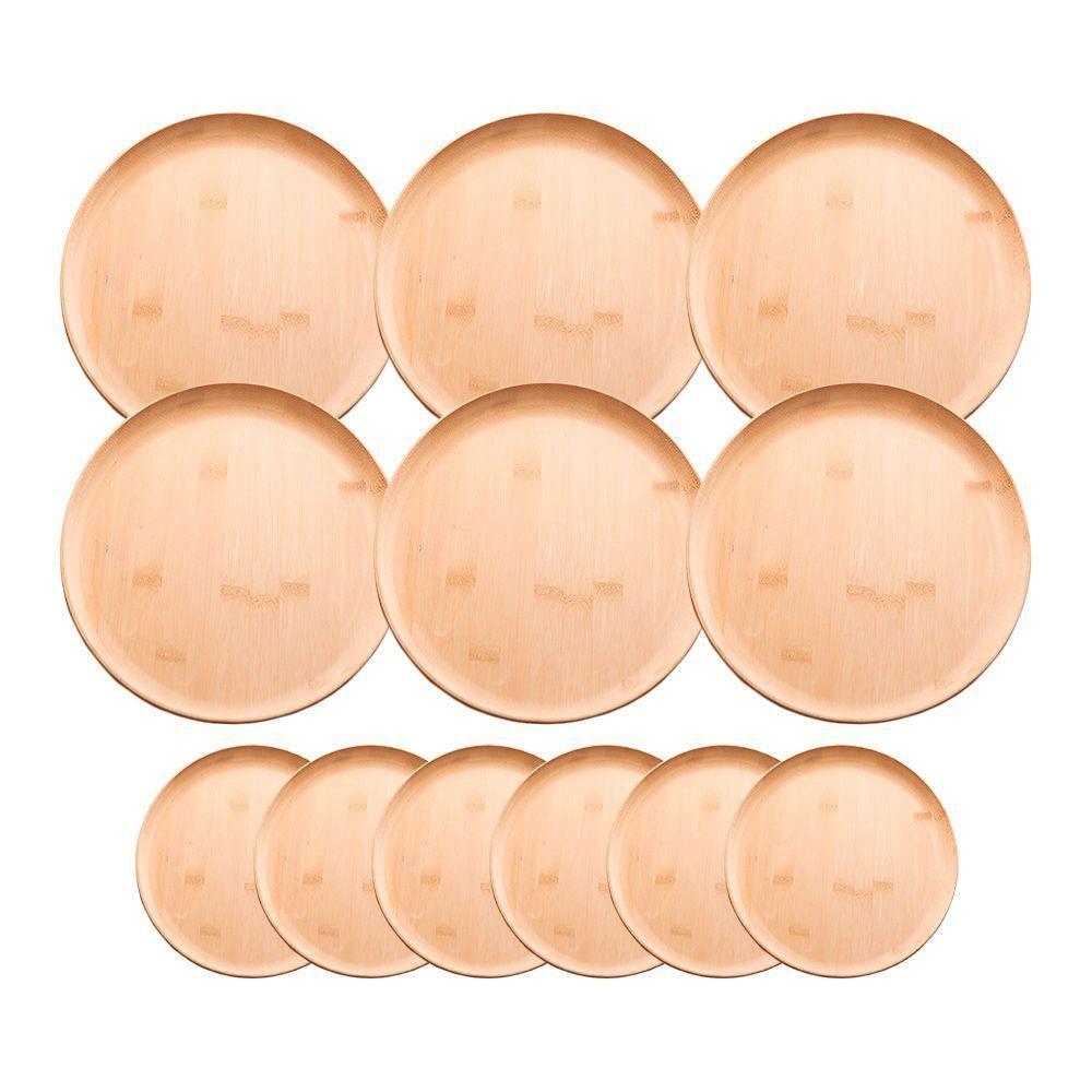 Jogo 6 Prato Raso E 6 Sobremesa Bambu Natural Pratinho Madeira Lyor 27cm - 1
