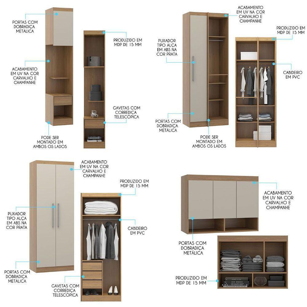 Guarda Roupa De Solteiro Modulado Selene 7 Pçs Menu Móveis Carvalho - 4