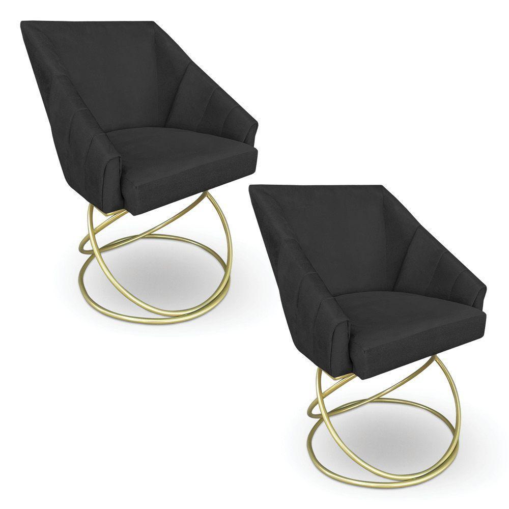 Kit 2 Poltronas Luxo Alana Suede Preto Base De Ferro Dourado - Pallazio - 1