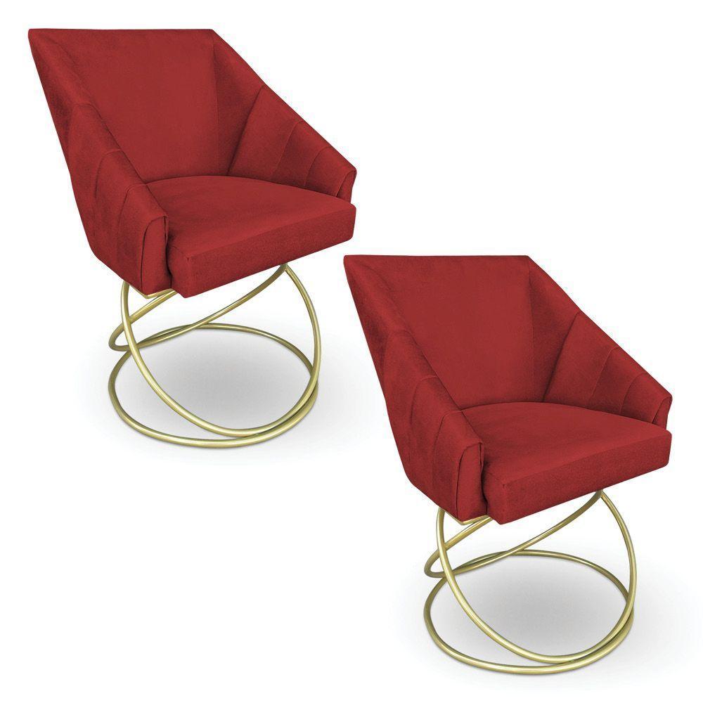 Kit 2 Poltronas Luxo Alana Suede Vermelho Base De Ferro Dourado - Pallazio - 1