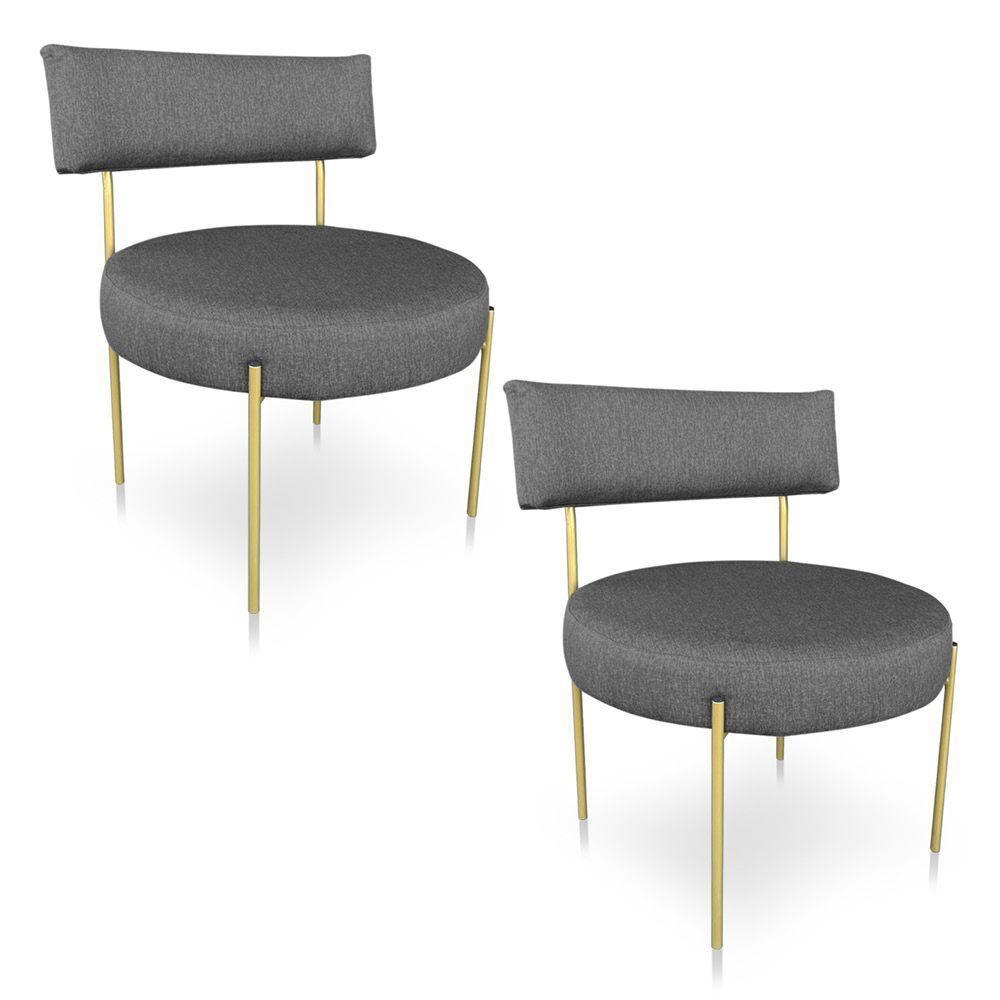 Kit 2 Poltronas Luxo Elora Linho Grafite Pés De Ferro Dourado - Pallazio - 1
