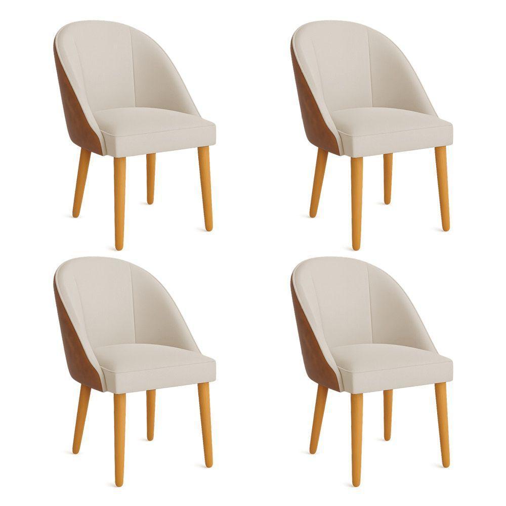 Kit 04 Cadeiras Poltrona De Jantar Bela Corano Nozes E Linho Bege Pés Palito Castanho - Pallazio - 1