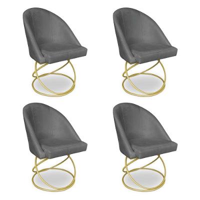 Kit 04 Cadeiras Poltrona De Jantar Bela Veludo Grafite Base Metálica Luxo Dourado - Pallazio