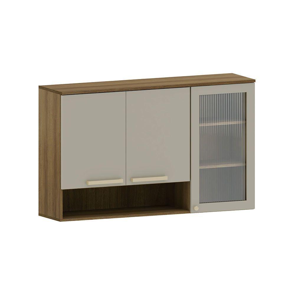 Armário Aéreo 120cm 3 Portas Com Vidro Canelado Com Nicho Is Avelã-mocca Laca - 1
