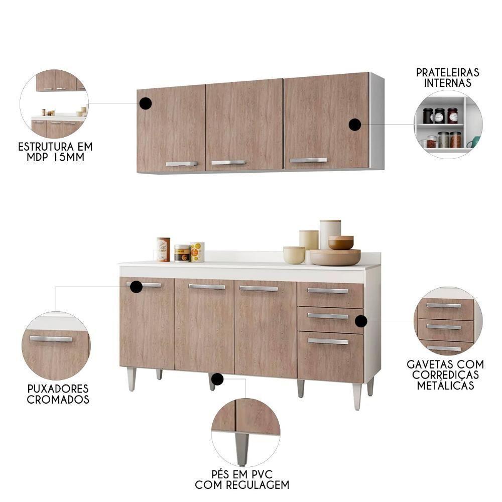 Armário Aéreo Parma E Balcão Para Pia Com Tampo 150cm Lisboa Branco-castanho - Lumil - 3