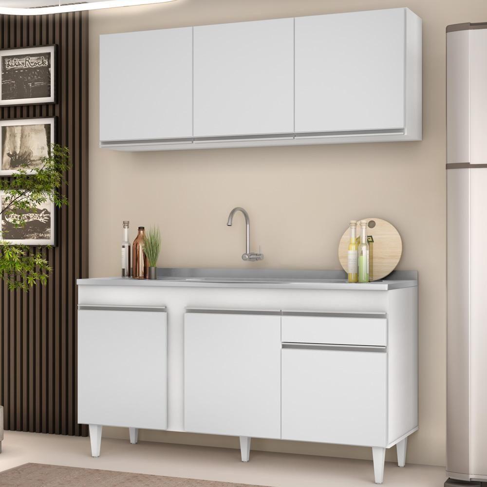 Armário Aéreo Argélia E Balcão Gabinete Com Pia Inox 150cm Dakota Branco - Lumil - 2