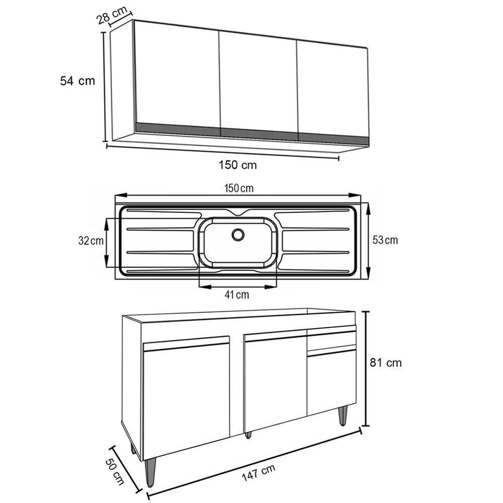 Armário Aéreo Argélia E Balcão Gabinete Com Pia Inox 150cm Dakota Branco - Lumil - 4