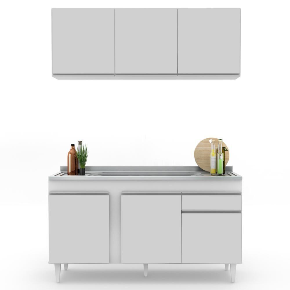 Armário Aéreo Argélia E Balcão Gabinete Com Pia Inox 150cm Dakota Branco - Lumil - 7