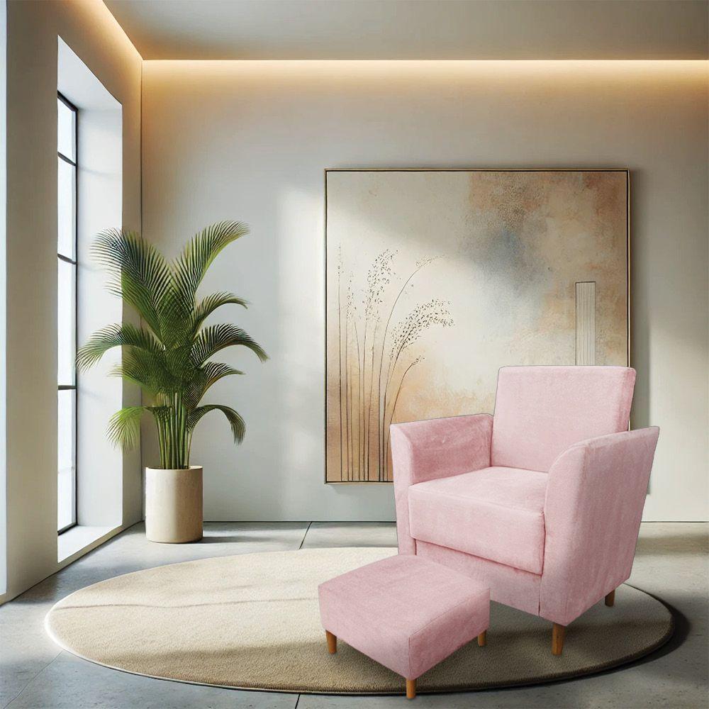 Poltrona De Amamentação Com Puff Flavia Suede Rosa Bebê - Pallazio - 2