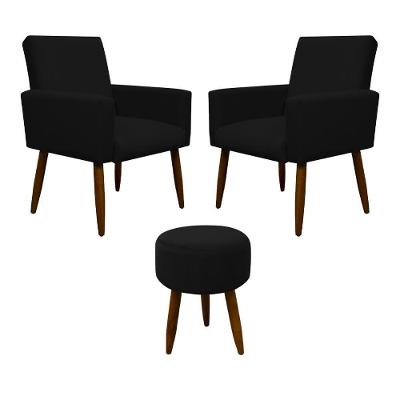 Kit 2 Poltronas Com Puff Redondo Nina Para Sala Suede Preto Herrero