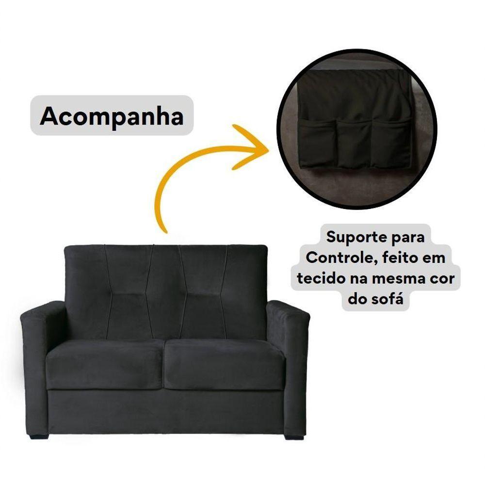 Sofá Pequeno 2 Lugares 1,35 Porta Controle No Braço Alice Preto - 3