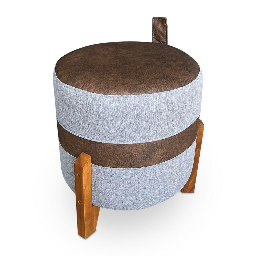 Puff Banqueta Le Mans Linho Cinza E Corano Nozes Base De Madeira - Pallazio - 1