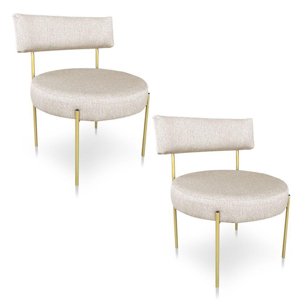 Kit 2 Poltronas Luxo Elora Linho Bege Pés De Ferro Dourado - Pallazio - 1