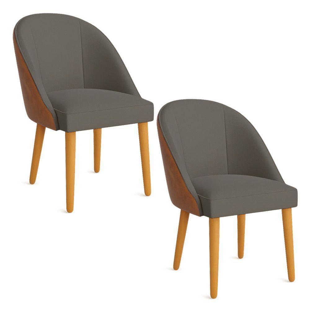 Kit 02 Cadeiras Poltrona De Jantar Bela Corano Nozes E Linho Grafite Pés Palito Castanho - Pallazio - 1