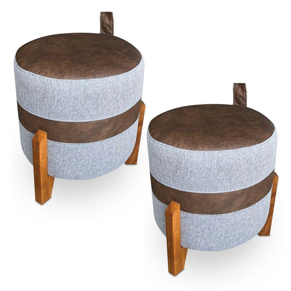 Kit 02 Puffs Le Mans Linho Cinza E Corano Nozes Base De Madeira - Pallazio - 1