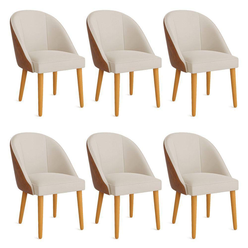 Kit 06 Cadeiras Poltrona De Jantar Bela Corano Nozes E Linho Pés Palito Castanho - Pallazio Cor Bege - 1