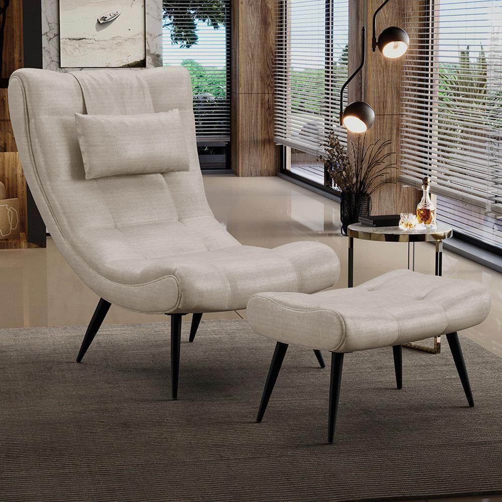 Kit Poltrona E Puff Para Sala De Estar Com Almofada E Pés Palito Lord Facto Dunas Pérola - Ibiza - 3