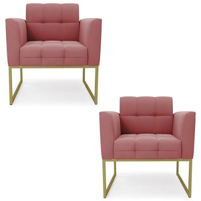 Kit 2 Poltronas Ana Base Industrial Suede Dourado Rosa Ibiza