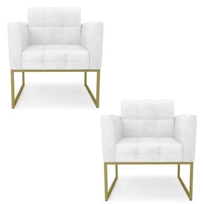 Kit 2 Poltronas Ana Base Industrial Couro Sintético Branco Dourado Ibiza