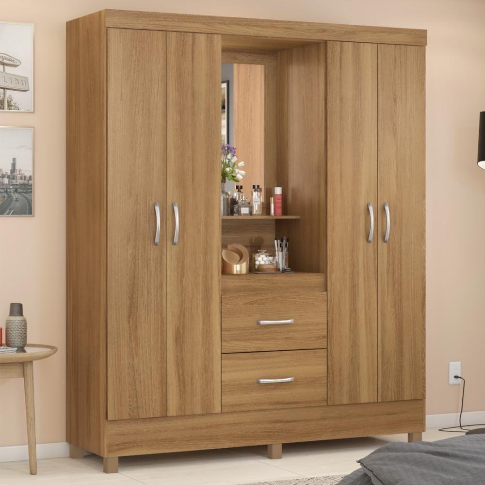 Guarda Roupa Solteiro 4 Portas Com Espelho E 2 Gavetas Loanda - Amêndola Touch - 1