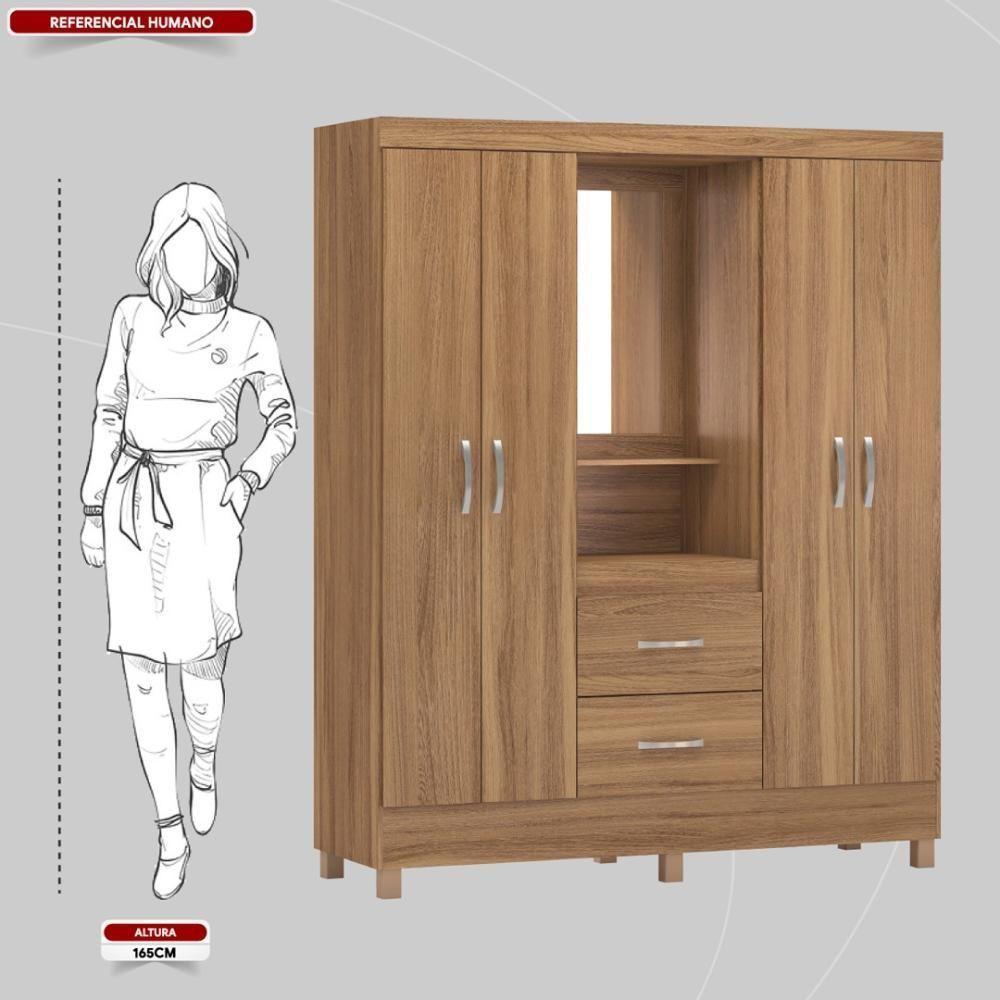 Guarda Roupa Solteiro 4 Portas Com Espelho E 2 Gavetas Loanda - Amêndola Touch - 4
