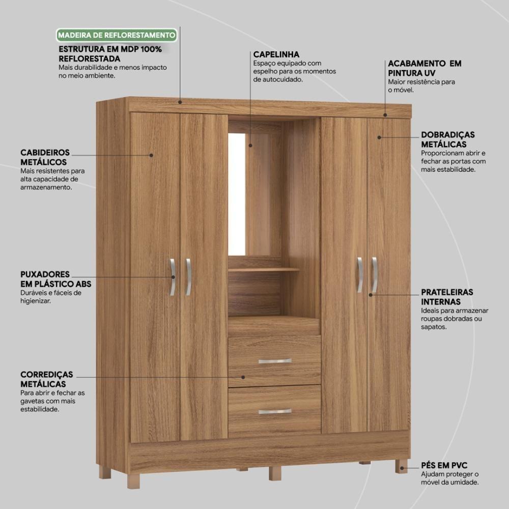Guarda Roupa Solteiro 4 Portas Com Espelho E 2 Gavetas Loanda - Amêndola Touch - 5