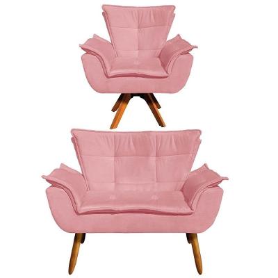 Kit Namoradeira 2 Lugares E Poltrona Giratória Opla Suede Rose Ibiza