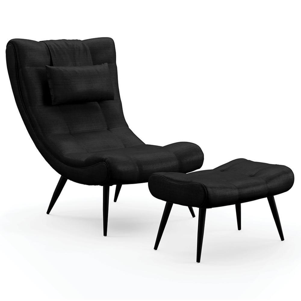 Kit Poltrona E Puff Para Sala De Estar Com Almofada E Pés Palito Lord Facto Dunas Preto - Ibiza - 1