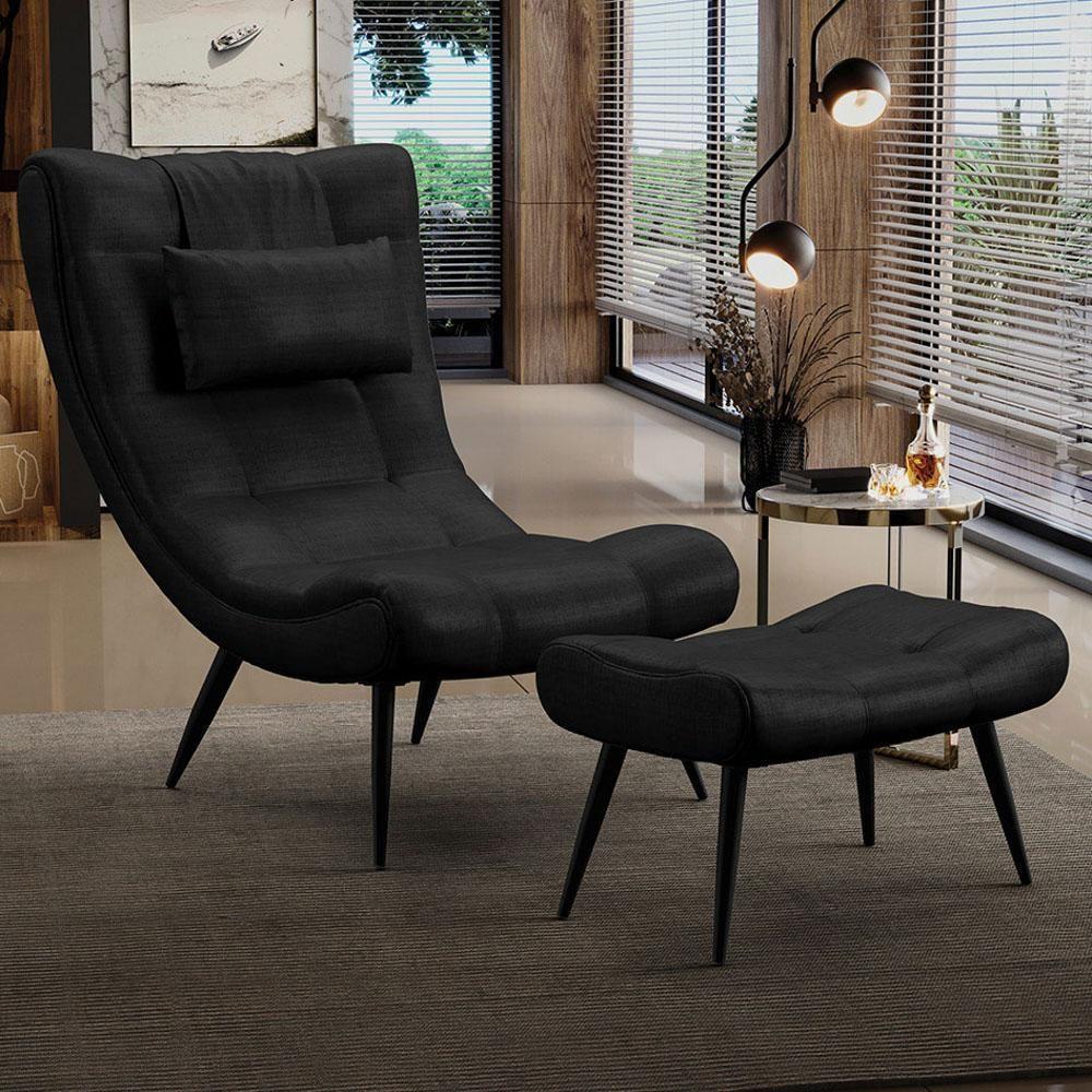 Kit Poltrona E Puff Para Sala De Estar Com Almofada E Pés Palito Lord Facto Dunas Preto - Ibiza - 2