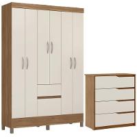 Kit Guarda Roupa Solteiro 6 Portas Flash Ii Cômoda Atria - Amêndola Touch Off White - 1