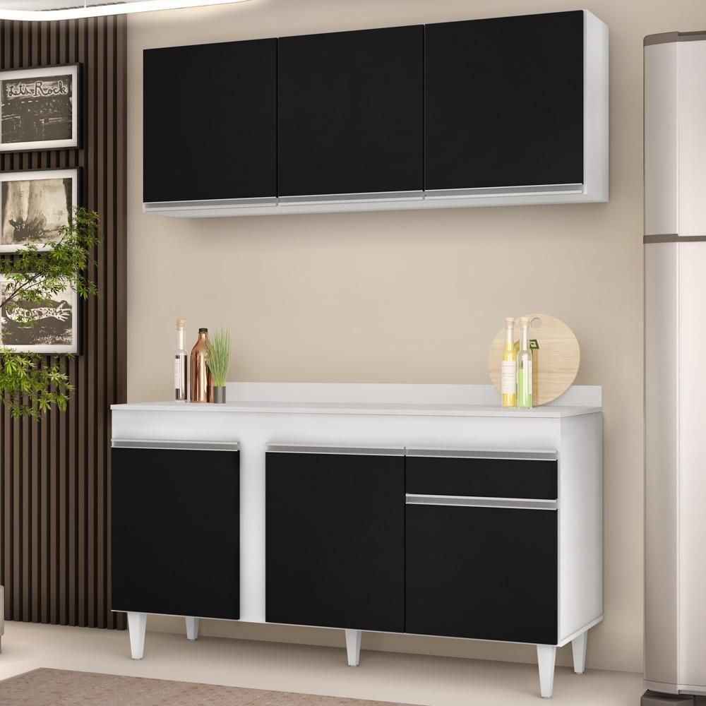 Armário Aéreo Argélia E Balcão Gabinete Para Pia Com Tampo 150cm Dakota Branco-preto- Lumil - 2