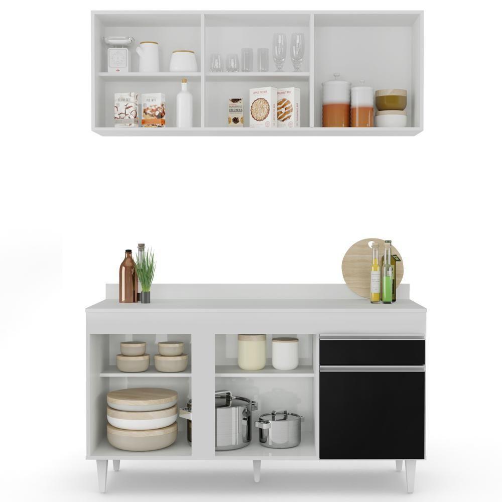 Armário Aéreo Argélia E Balcão Gabinete Para Pia Com Tampo 150cm Dakota Branco-preto- Lumil - 3