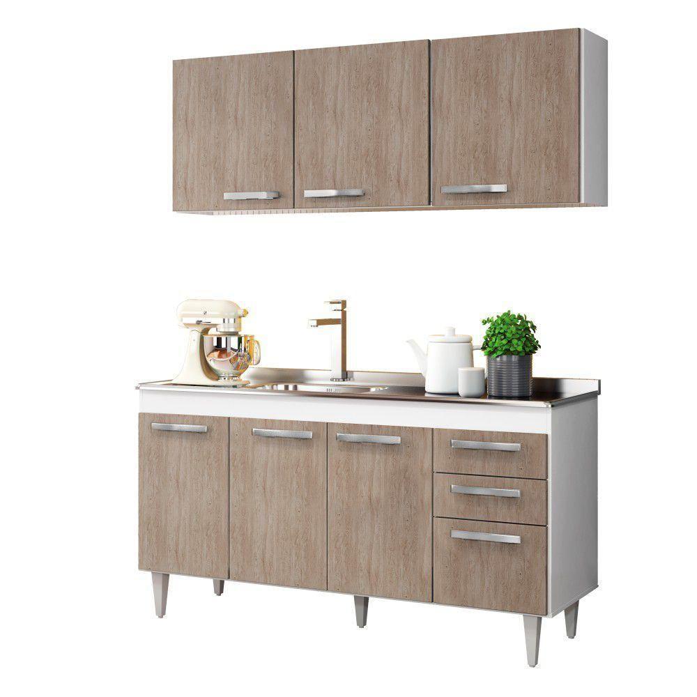 Armário Aéreo Parma E Balcão Gabinete Com Pia Inox 150cm Lisboa - Lumil Móveis Branco-castanho - 2