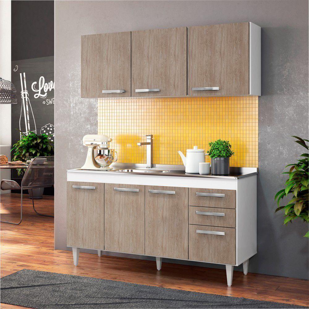 Armário Aéreo Parma E Balcão Gabinete Com Pia Inox 150cm Lisboa - Lumil Móveis Branco-castanho - 5