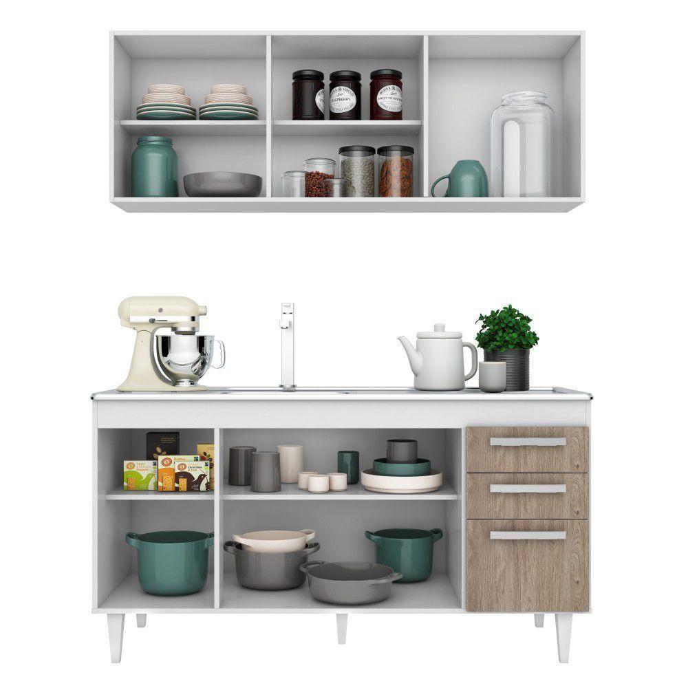 Armário Aéreo Parma E Balcão Gabinete Com Pia Inox 150cm Lisboa - Lumil Móveis Branco-castanho - 6