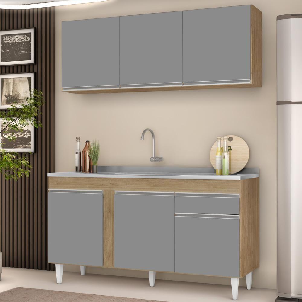 Armário Aéreo Argélia E Balcão Gabinete Com Pia Inox 150cm Dakota Castanho-cinza - Lumil - 2